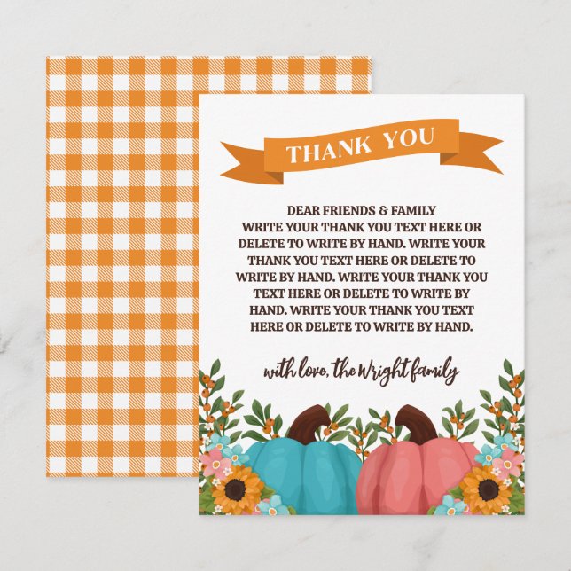 Sunflowers Little Pumpkin Gender Reveal Thank You (Front/Back)