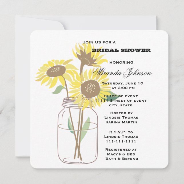 Sunflowers Mason Jar Bridal Shower Invitation (Front)