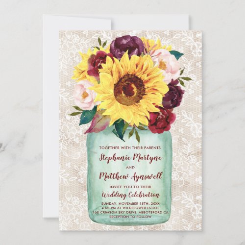 Sunflowers Mason Jar Burgundy Floral Lace Wedding Invitation