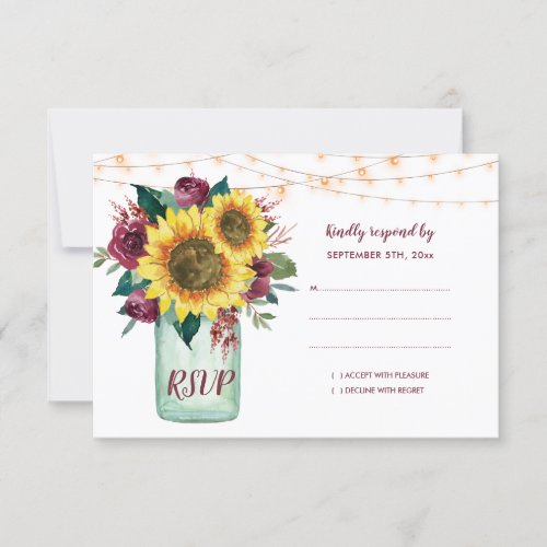 Sunflowers Mason Jar Burgundy Floral Wedding RSVP