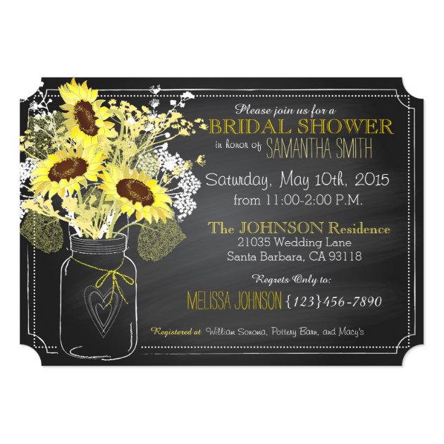 Sunflowers Mason Jar Chalkboard Bridal Shower Invitation