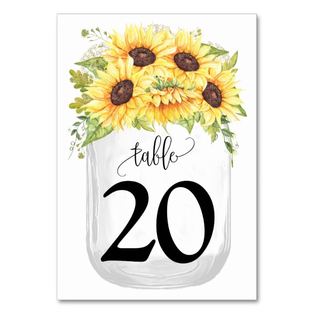 Sunflowers Mason Jar Country Wedding Table Number (Front)
