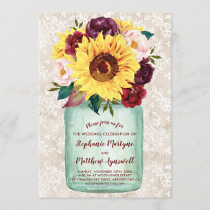 Sunflowers Mason Jar Lace Floral Wedding Invitation