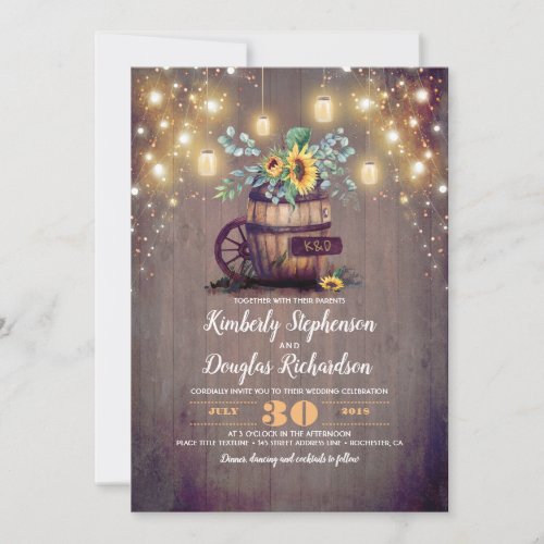 Sunflowers Mason Jar Lights Fall Wedding Invitation