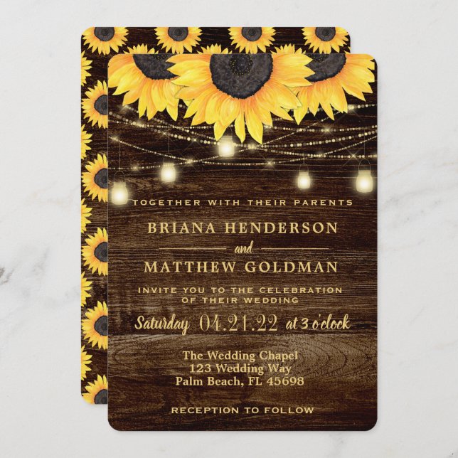 Sunflowers Mason Jar Lights Wedding Invitation (Front/Back)