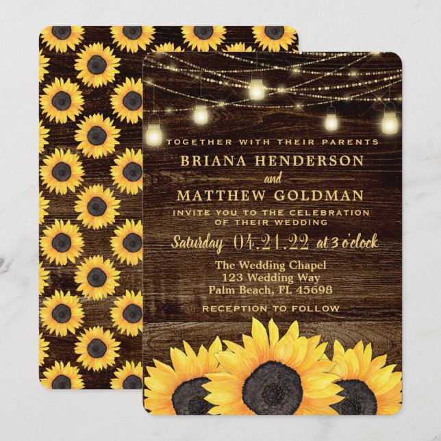 Sunflowers Mason Jar Lights Wedding Invitation (Front/Back)
