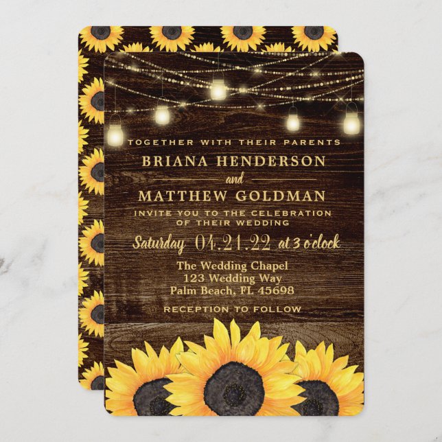 Sunflowers Mason Jar Lights Wedding Invitation (Front/Back)