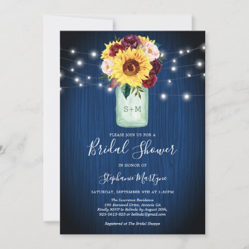 Sunflowers Mason Jar Navy Blue Bridal Shower Invitation