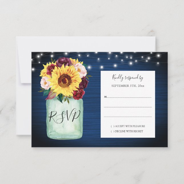 Sunflowers Mason Jar Navy Blue Wedding RSVP Card (Front)