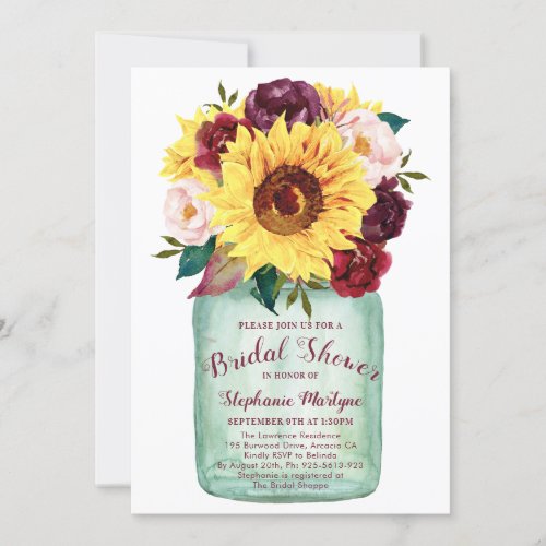 Sunflowers Mason Jar Roses Floral Bridal Shower Invitation