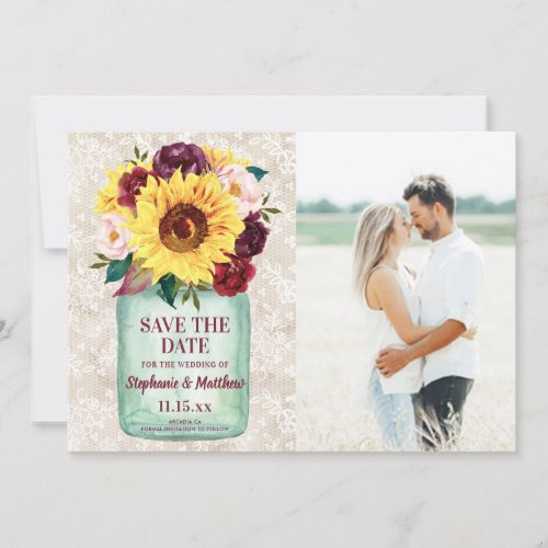 Sunflowers Mason Jar Rustic Floral Photo Save The Date