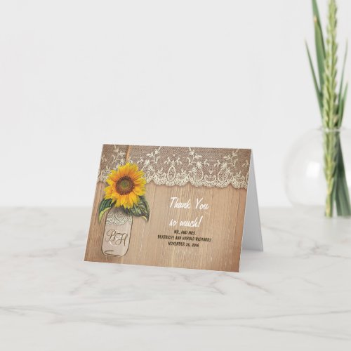 Sunflowers Mason Jar Rustic Lace Wedding Thank You - Rustic barn wood and lace wedding thank you cards with sunflower mason jar