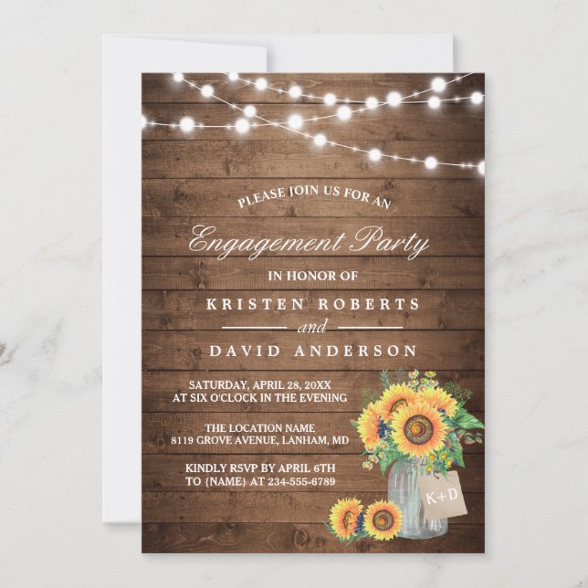 Sunflowers Mason Jar Rustic Wood Engagement Party Invitation (Front)