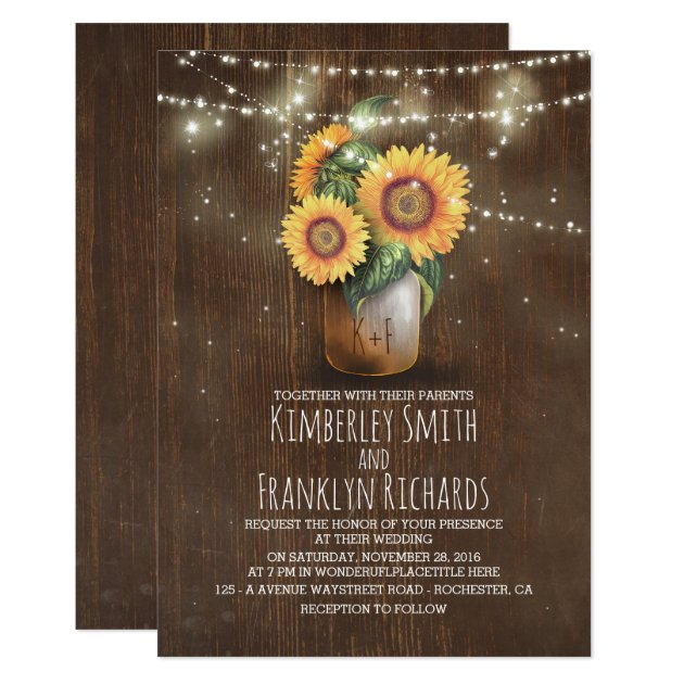 Sunflowers Mason Jar String Lights Barn Wedding Invitation