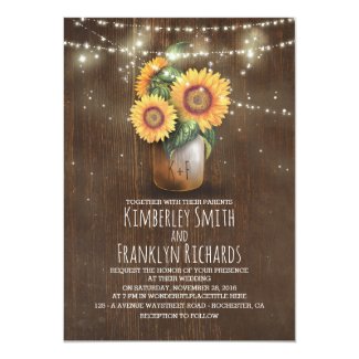 Rustic Sunflower Wedding Invitation with a Mason Jar and String Lights
