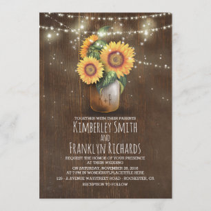 Sunflowers Mason Jar String Lights Fall Wedding Invitation