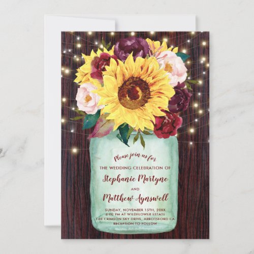 Sunflowers Mason Jar String Lights Floral Wedding Invitation