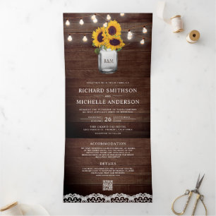 Sunflowers Mason Jar String Lights QR Code Wedding Tri-Fold Invitation
