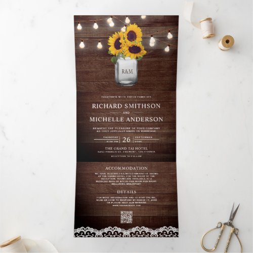 Sunflowers Mason Jar String Lights QR Code Wedding Tri-Fold Invitation