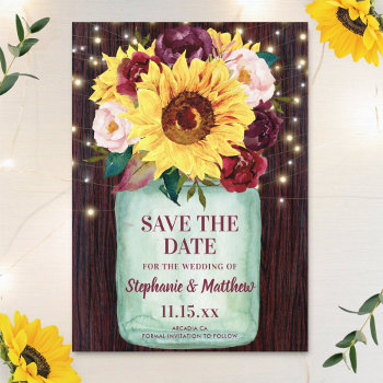 Sunflowers Mason Jar Wood Lights Wedding Save The Date by EmbellishYourWedding at Zazzle