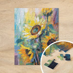 Sunflowers Modern Abstract Floral Painting  Jigsaw Puzzle<br><div class="desc">A vibrant modern abstract impressionist style painting of sunflowers. The artwork features textured brushstrokes in bold yellow, blue, and green hues. The dynamic brushwork and lively colors create a sense of movement, capturing the beauty and energy of the sunflowers in a fresh, contemporary style. The rich textures and expressive strokes...</div>