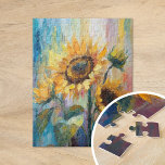 Sunflowers Modern Abstract Floral Painting  Jigsaw Puzzle<br><div class="desc">A vibrant modern abstract impressionist style painting of sunflowers. The artwork features textured brushstrokes in bold yellow, blue, and green hues. The dynamic brushwork and lively colors create a sense of movement, capturing the beauty and energy of the sunflowers in a fresh, contemporary style. The rich textures and expressive strokes...</div>