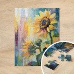 Sunflowers Modern Abstract Floral Painting  Jigsaw Puzzle<br><div class="desc">A vibrant modern abstract impressionist style painting of sunflowers. The artwork features textured brushstrokes in bold yellow, blue, and green hues. The dynamic brushwork and lively colors create a sense of movement, capturing the beauty and energy of the sunflowers in a fresh, contemporary style. The rich textures and expressive strokes...</div>