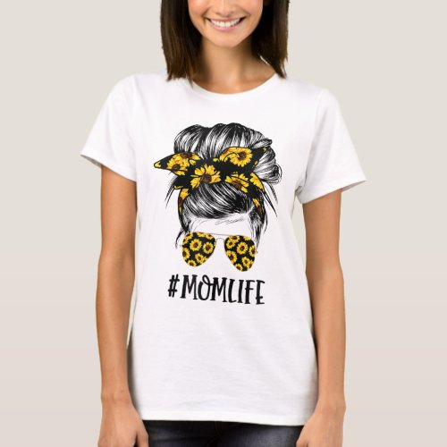 Sunflowers Mom Life Mom Skull Bun Hair Sunglasses  T_Shirt