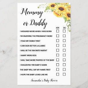 Sunflowers Mom or Dad said Baby Shower Game card Flyer