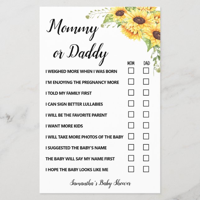 Sunflowers Mom or Dad said Baby Shower Game card Flyer (Front)