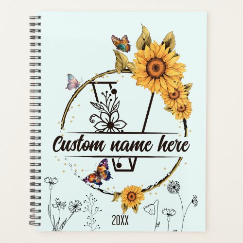 Sunflowers monogram butterflies letter I Planner