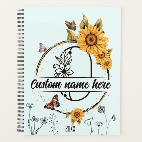 Sunflowers monogram butterflies letter O Planner