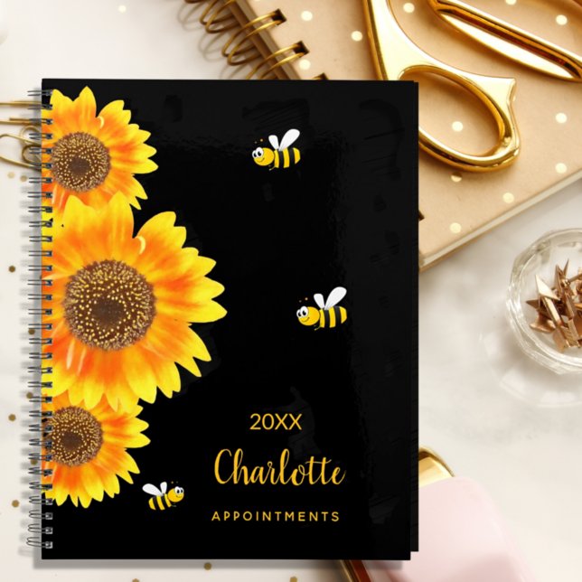 Sunflowers monogram cute bees black planner (Creator Uploaded)