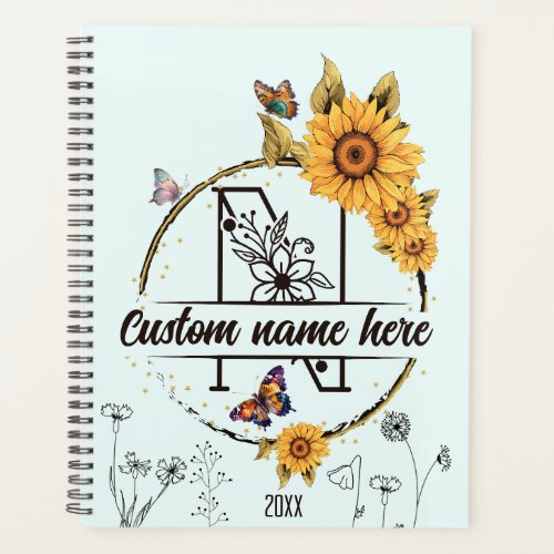 Sunflowers monogram cute butterflies 2025 planner