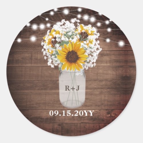 Sunflowers Monogram Mason Jar Vase Lights Wedding Classic Round Sticker