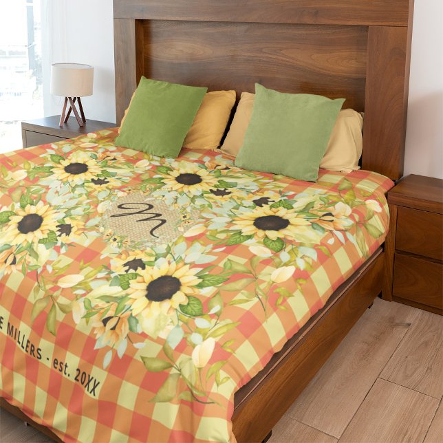 Sunflowers monogrammed rustic orange plaid duvet cover (Creator Uploaded)