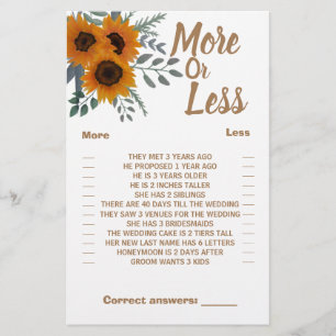 Sunflowers More or Less Couples Shower Game Card Flyer
