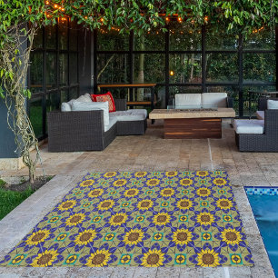 Sunflowers Mosaic Tile - Summer in Tuscany Floral Outdoor Rug