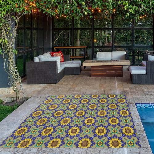 Sunflowers Mosaic Tile _ Summer in Tuscany Floral Outdoor Rug