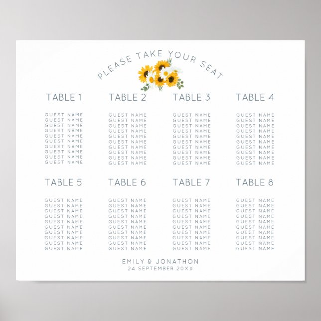 Sunflowers Motif 8 Table 80 Square Seating Chart (Front)