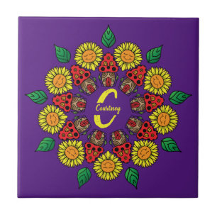 Sunflowers & Mushrooms Personalized Mandala Purple Ceramic Tile