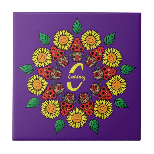 Sunflowers & Mushrooms Personalized Mandala Purple Ceramic Tile (Front)