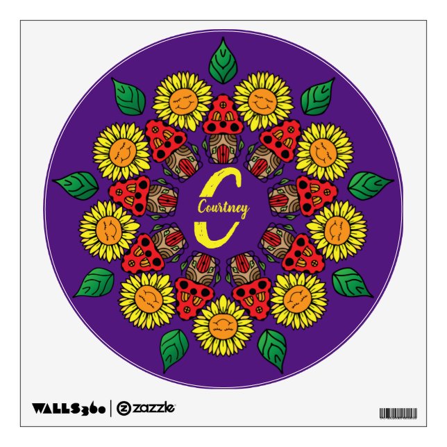 Sunflowers & Mushrooms Personalized Mandala Purple Wall Decal (Front)