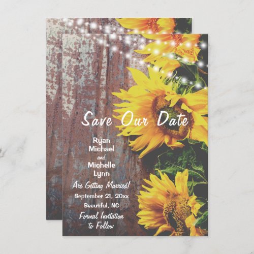 Sunflowers n Lights Rustic Save Our Date Wedding Invitation