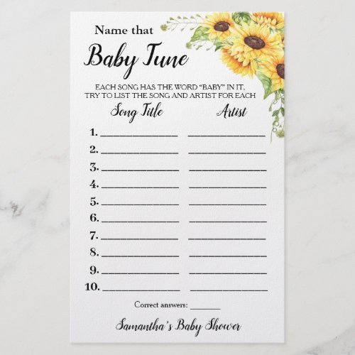 Sunflowers Name that Baby Tune Shower Game Card Flyer