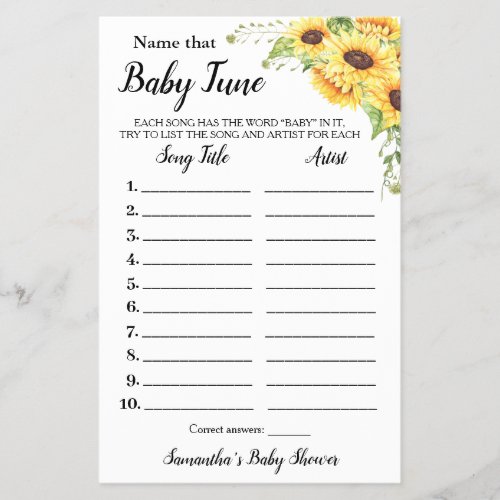 Sunflowers Name that Baby Tune Shower Game Card Flyer