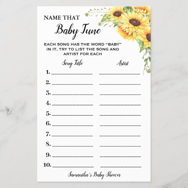 Sunflowers Name that Baby Tune Shower Game Card Flyer (Front)