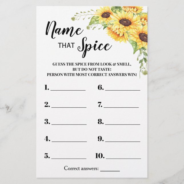 Sunflowers Name that Spice Bridal Shower Game Card Flyer (Front)