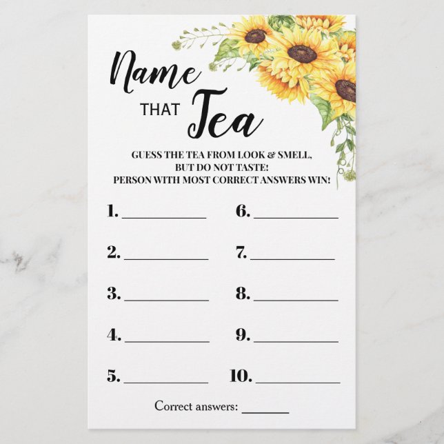 Sunflowers Name that Tea Bridal Shower Game Card Flyer (Front)