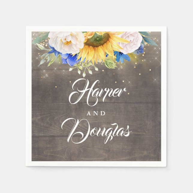 Sunflowers Navy Blue and White Fall Wedding Napkins (Front)